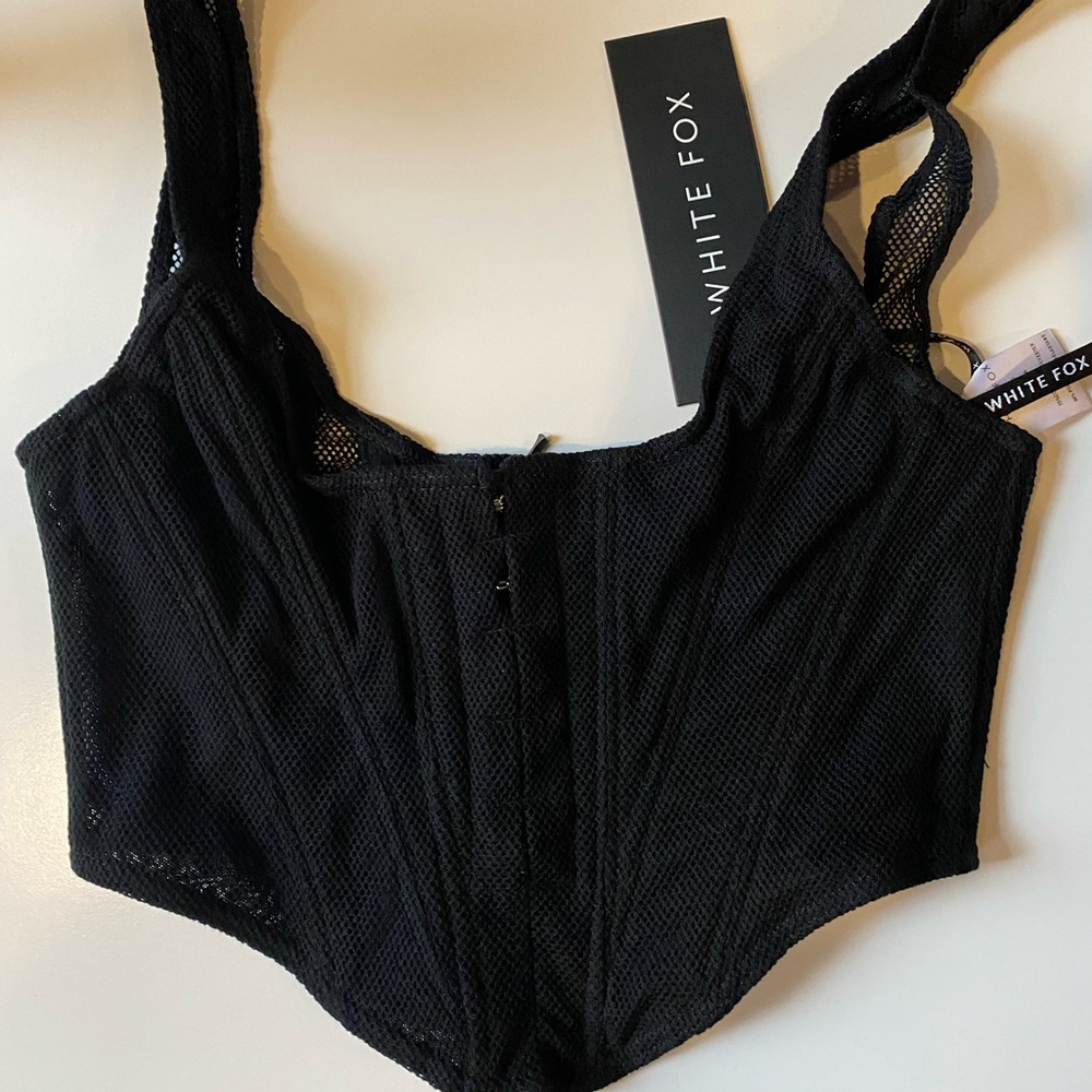 Black mesh white fox corset top
